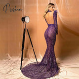 Purple Sexy Backless Evening Dresses Long Sleeves Party Gowns Beaded Mermaid Prom Dress See Through