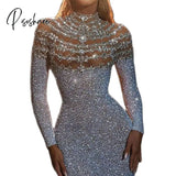 Queen’s Gala Prom Party Dress Bodycon Silver Long Sleeve Pure Color Sequins Winter Fall Stand