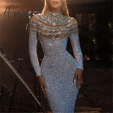 Queen's Gala Prom Party Dress Bodycon Silver Long Sleeve Pure Color Sequins Winter Fall Stand Collar Slim 2023 Mermaid Tight