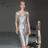 Real Photos Half Sleeves Bow Belt Sheath Mother Of The Bride Dress With Appliques Wedding Party