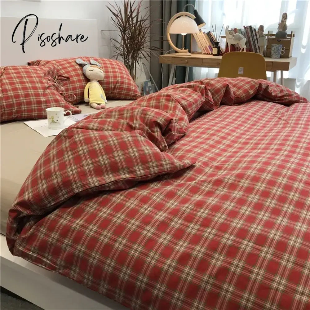 Red Cotton Bed Sheets Luxury Nordic Plaid Aesthetic Full Duvet Cover Set Exotic Princess Vintage