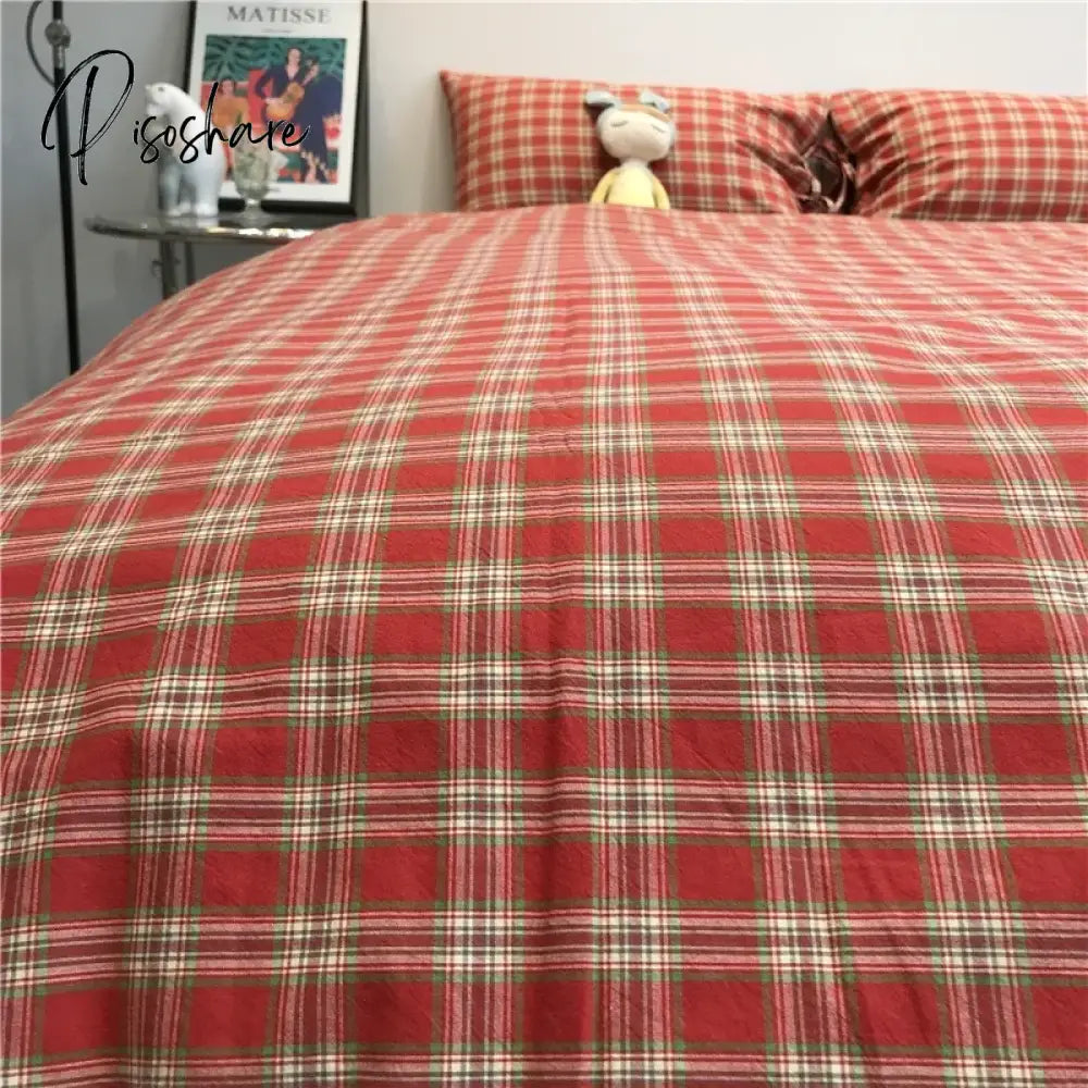 Red Cotton Bed Sheets Luxury Nordic Plaid Aesthetic Full Duvet Cover Set Exotic Princess Vintage