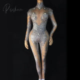 Rhinestones Sparkly Jumpsuit Fashion Sexy Nude Big Stretch Dance Costume One-Piece Bodysuit