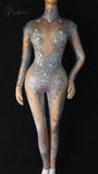 Rhinestones Sparkly Jumpsuit Fashion Sexy Nude Big Stretch Dance Costume One-Piece Bodysuit