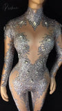 Rhinestones Sparkly Jumpsuit Fashion Sexy Nude Big Stretch Dance Costume One-Piece Bodysuit