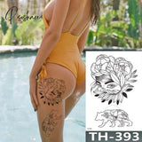 Rose Peony Flower Girls Temporary Tattoos For Women Waterproof Black Tattoo Stickers 3D Blossom