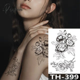 Rose Peony Flower Girls Temporary Tattoos For Women Waterproof Black Tattoo Stickers 3D Blossom