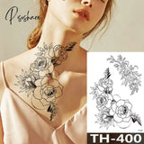 Rose Peony Flower Girls Temporary Tattoos For Women Waterproof Black Tattoo Stickers 3D Blossom