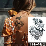 Rose Peony Flower Girls Temporary Tattoos For Women Waterproof Black Tattoo Stickers 3D Blossom