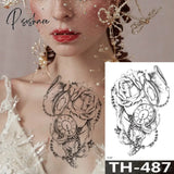 Rose Peony Flower Girls Temporary Tattoos For Women Waterproof Black Tattoo Stickers 3D Blossom