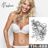 Rose Peony Flower Girls Temporary Tattoos For Women Waterproof Black Tattoo Stickers 3D Blossom