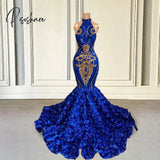 Royal Blue Evening Dresses Long 2023 Prom Sparkly Mermaid 3D Flowers Train African Women Formal