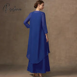 Royal Blue Full Sleeve Mother Of Bride Dresses With Applique Chiffon Wedding Party Gown Lace