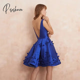 Royal Blue Short Homecoming Dresses Handmade Flower Mini A Line Prom Dress V Neck Pleat Above Knee