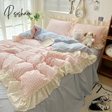 Ruffled Pink Blue Duvet Cover Set Twin Queen Washed Microfiber Ultra Soft Bedding Set Grid Bed