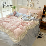 Ruffled Pink Blue Duvet Cover Set Twin Queen Washed Microfiber Ultra Soft Bedding Set Grid Bed