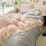 Ruffled Pink Blue Duvet Cover Set Twin Queen Washed Microfiber Ultra Soft Bedding Set Grid Bed