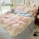 Ruffled Pink Blue Duvet Cover Set Twin Queen Washed Microfiber Ultra Soft Bedding set Grid Duvet Cover Bed Sheet 2 Pillowcases