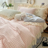 Ruffled Pink Blue Duvet Cover Set Twin Queen Washed Microfiber Ultra Soft Bedding Set Grid Bed