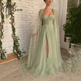 Sage Green A Line Prom Dresses Glitter Sequin Cape Sweetheart High Slit Maxi Evening Gowns Formal