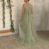 Sage Green A Line Prom Dresses Glitter Sequin Cape Sweetheart High Slit Maxi Evening Gowns Formal