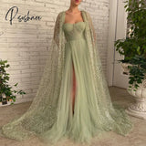 Sage Green A Line Prom Dresses Glitter Sequin Cape Sweetheart High Slit Maxi Evening Gowns Formal