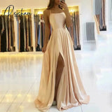 Satin Dresses Evening Dress Prom Party Robe De Sformal Simple Spaghetti Sexy Slit Коктейльные