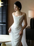 Satin Fishtail Wedding Dresses Simple Light Luxury Mermaid Niche Pleated Sleeveless Ivory Party