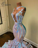 Sequin Long Prom Dress 2023 For Black Girls Luxury Mermaid Sexy Sheer Neckline Formal Occasion