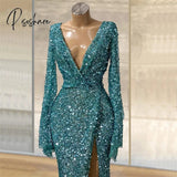 Sequins Mermaid Evening Gowns Long Sleeves Sexy Deep V Neck Front Slit Party Night Blue Glitter