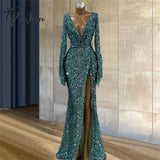 Sequins Mermaid Evening Gowns Long Sleeves Sexy Deep V Neck Front Slit Party Night Blue Glitter