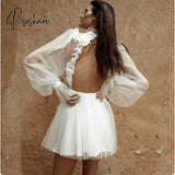 Sexy Above Knee Backless Dress For Bride Classic Appliques Bridal Gown Simple High Collar Wedding