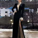 Sexy Black Evening Dresses 2023 Sparkly Long Sleeves Glitter O Neckline Velour Mermaid Womens