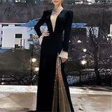 Sexy Black Evening Dresses 2023 Sparkly Long Sleeves Glitter O Neckline Velour Mermaid Womens