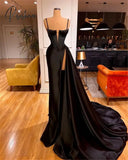 Sexy Black Pleat Satin Long Mermaid Prom Dress Evening Gala Formal Party Gown Wedding Occasion