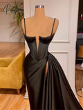 Sexy Black Pleat Satin Long Mermaid Prom Dress Evening Gala Formal Party Gown Wedding Occasion