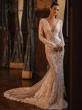 Sexy Deep V-Neck Backless Bride Robe Classic Lace Appliques Bridal Gown Sparkly Beads Sequins Long