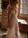 Sexy Deep V-Neck Backless Bride Robe Sparkly Sequins Beads Bridal Gown Graceful Feathers Pearls