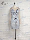 Sexy Deep V-Neck Mini Cocktail Dresses Sparkly Sequins Mirror Evening Dress 2024 Luxury Straight