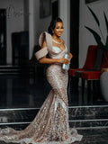 Sexy Illusion One Shoulder Prom Gown Sparkly Sequins Beads Cocktail Dress Luxury Straight Long Evening Dress Robe De Mariée