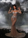 Sexy Illusion Deep V-Neck Cocktail Dresses Sparkly Beads Crystal Evening Dress 2024 Luxury Mermaid