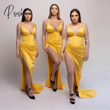 Sexy Long Satin Yellow Evening Dresses فساتين السهرة Mermaid V-Neck Pleated Court Train