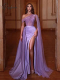 Sexy One Shoulder Prom Dress Sparkly Sequins Beads Cocktail Gown Graceful Purple Satin Long Evening Dresses Robe De Mariée