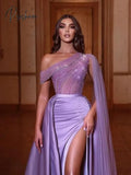 Sexy One Shoulder Prom Dress Sparkly Sequins Beads Cocktail Gown Graceful Purple Satin Long Evening