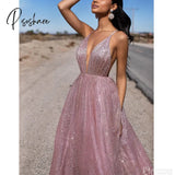 Sexy Rose Gold Prom Dresses A-Line Sequin Party Maxys Long Gown V-Neck Backless Evening Dress