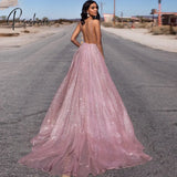 Sexy Rose Gold Prom Dresses A-Line Sequin Party Maxys Long Gown V-Neck Backless Evening Dress