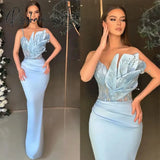 Sexy Sky Blue Mermaid Evening Dresses Spaghetti Beads Pleats Formal Party Prom Dress Red Carpet For