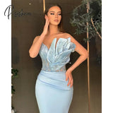 Sexy Sky Blue Mermaid Evening Dresses Spaghetti Beads Pleats Formal Party Prom Dress Red Carpet For