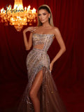 Sexy Strapless Side High Slit Cocktail Dresses Sparkly Sequins Crtstal Evening Dress Luxury Mermaid Prom Gown Robe De Mariée
