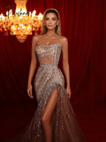 Sexy Strapless Side High Slit Cocktail Dresses Sparkly Sequins Crtstal Evening Dress Luxury Mermaid